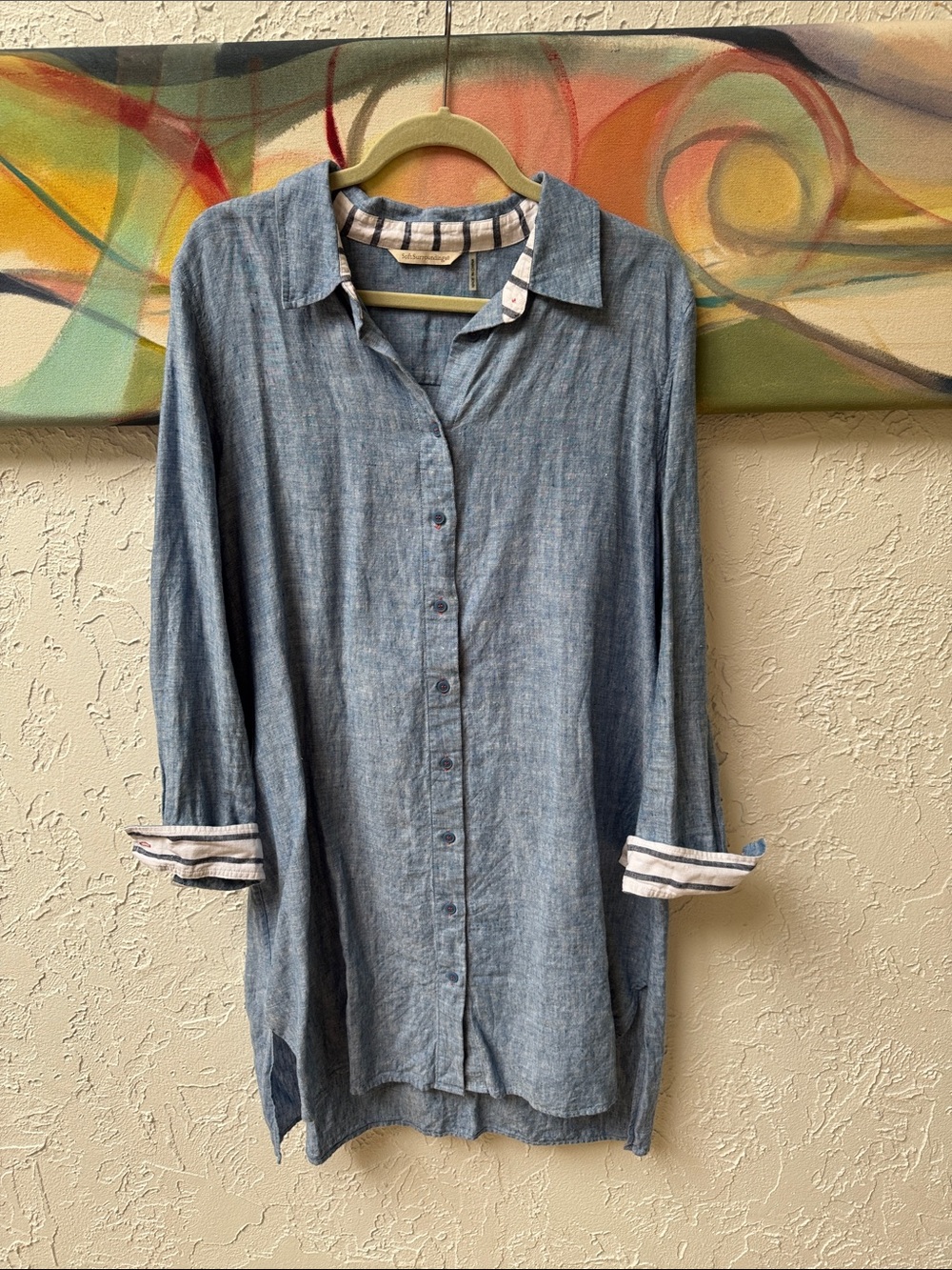 Soft Surroundings Long-Sleeve Chambray Shirt Dress in Linen Blue
